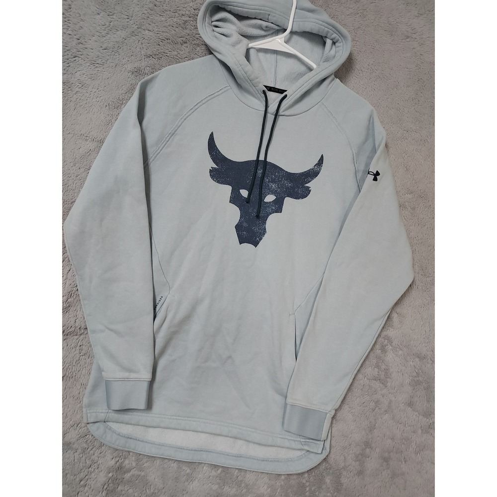 Under Armour Hoodie Men Small Project Rock Brahma Bull Light Blue Drawstring Gym